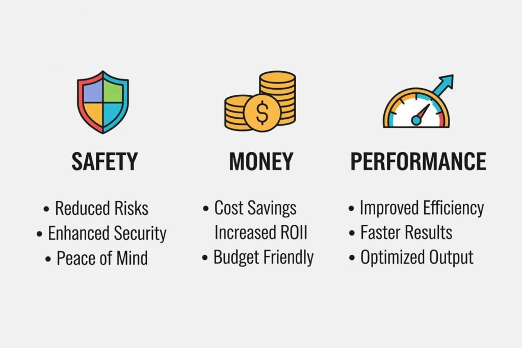 small infographic summarizing benefits (safety, money, performance).