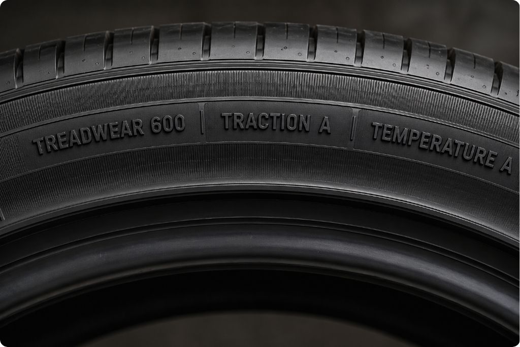 How to read a tire UTQG rating showing treadwear traction and temperature