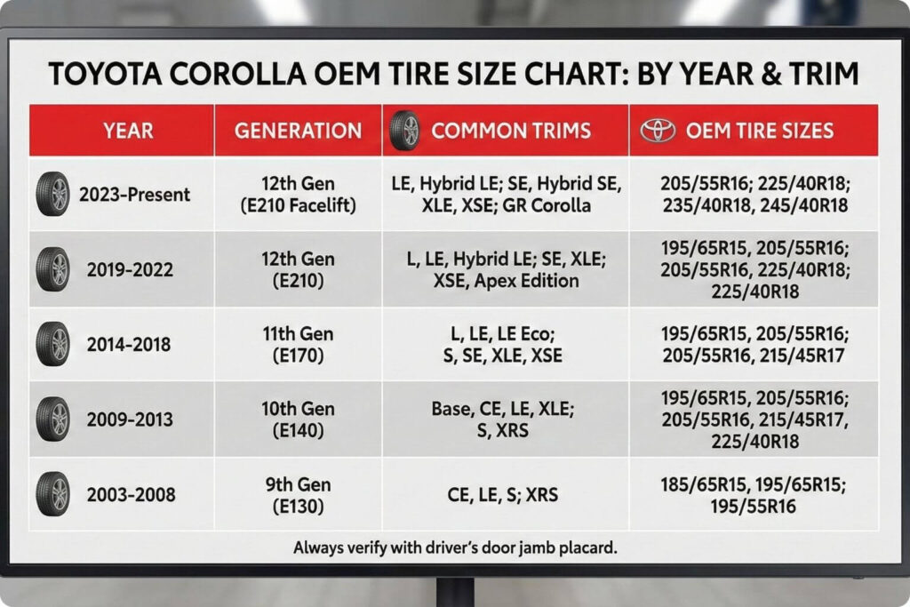 Toyota Corolla Tire Size Chart