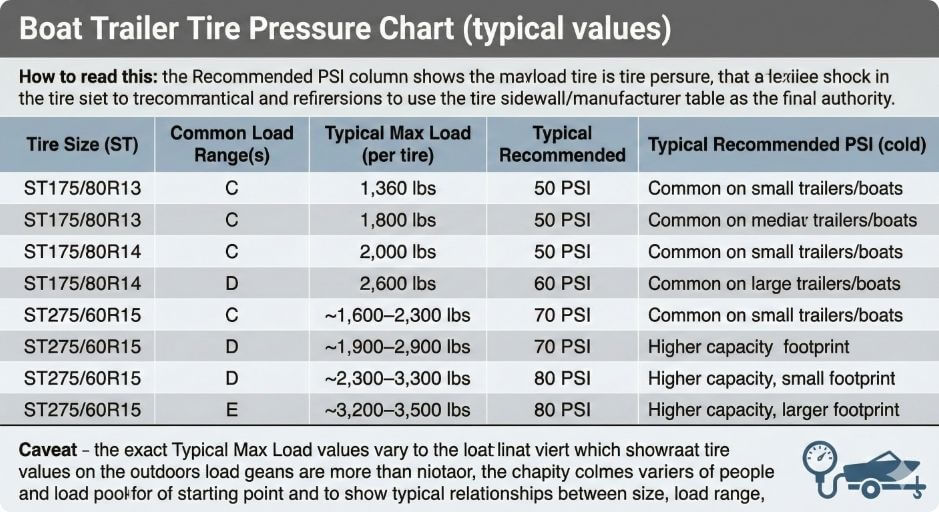 Boat Trailer Tire Pressure Chart (typical values)