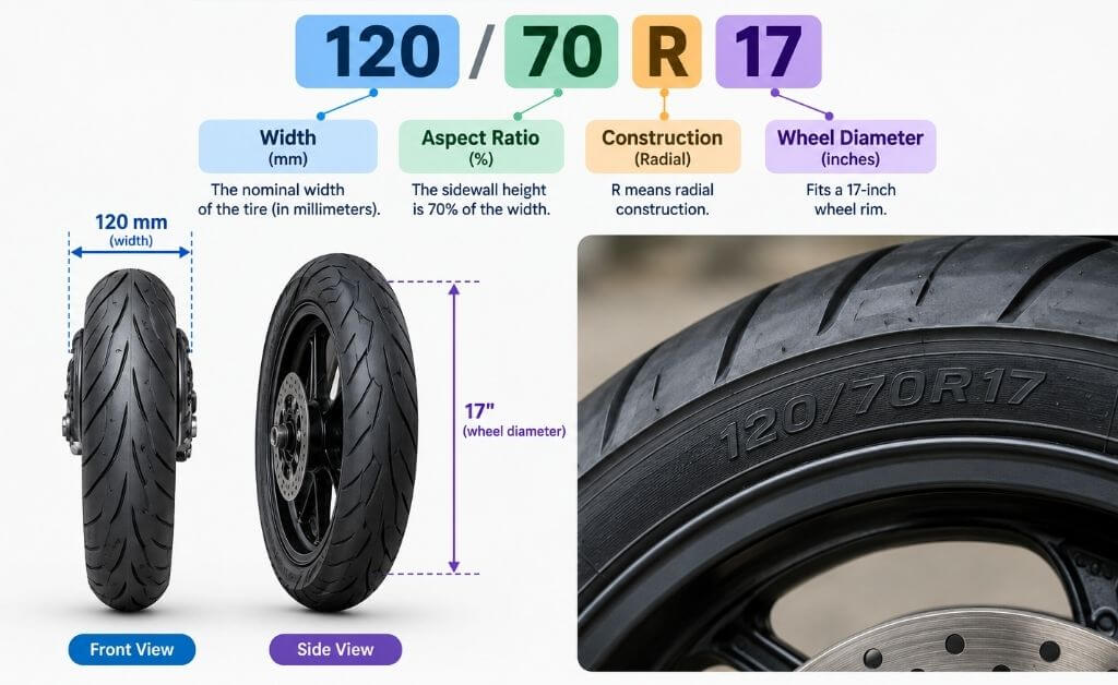 120/70R17 motorcycle tire size showing width aspect ratio construction and wheel diameter