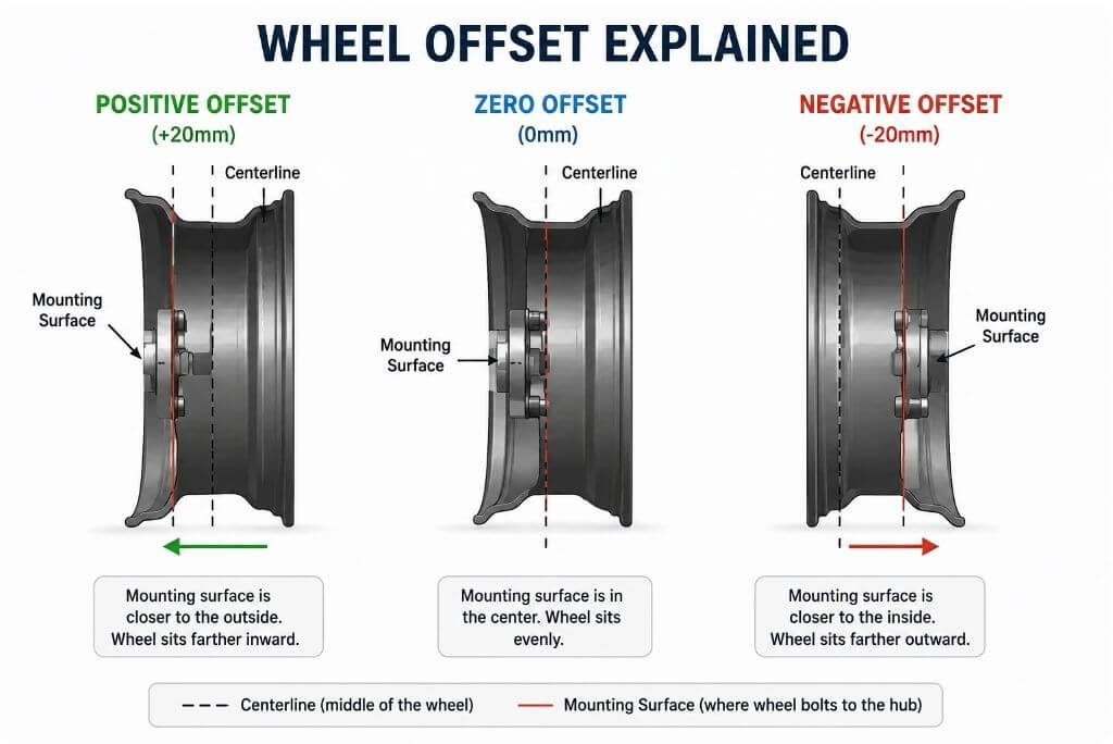 Diagram comparing positive, zero, and negative truck wheel offset.