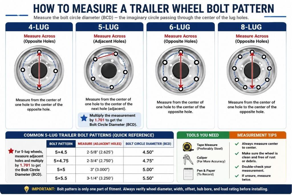 How to measure a trailer wheel bolt pattern for 4, 5, 6 and 8 lug wheels