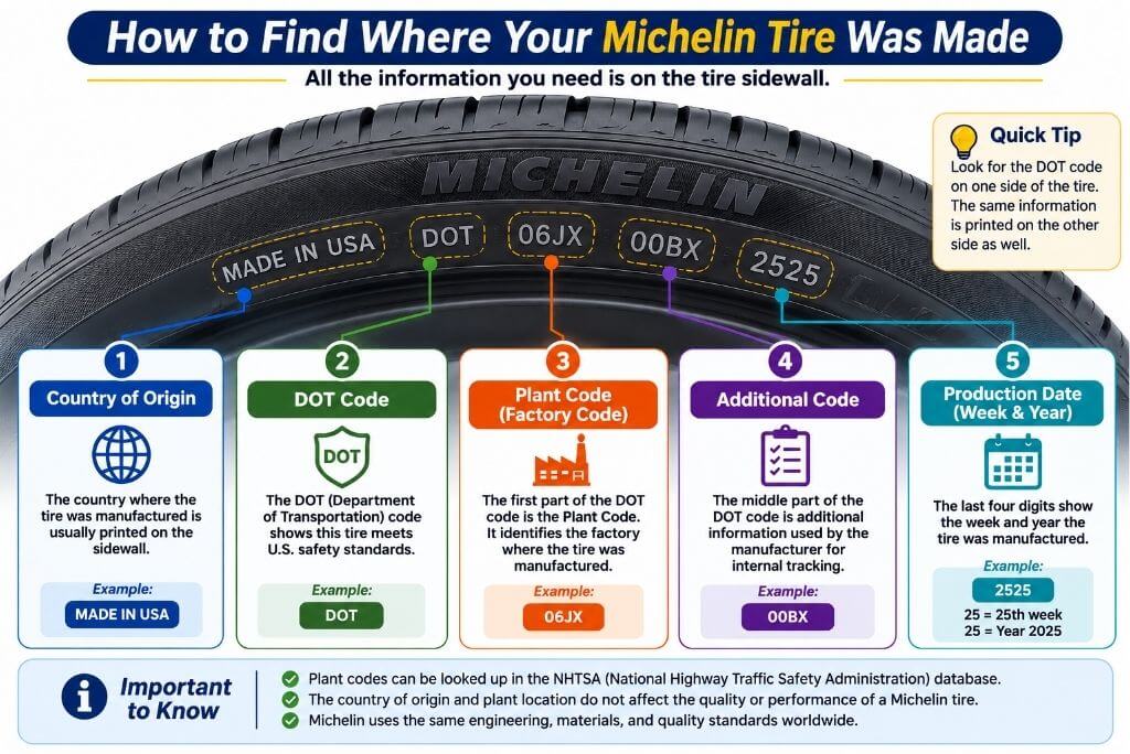 Infographic showing how to identify where a Michelin tire was made using the tire sidewall, country of origin, DOT code, plant code, and production date.
