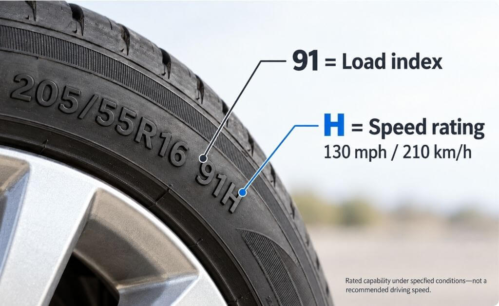 Tire sidewall showing 205/55R16 91H with load index 91 and H speed rating labeled.