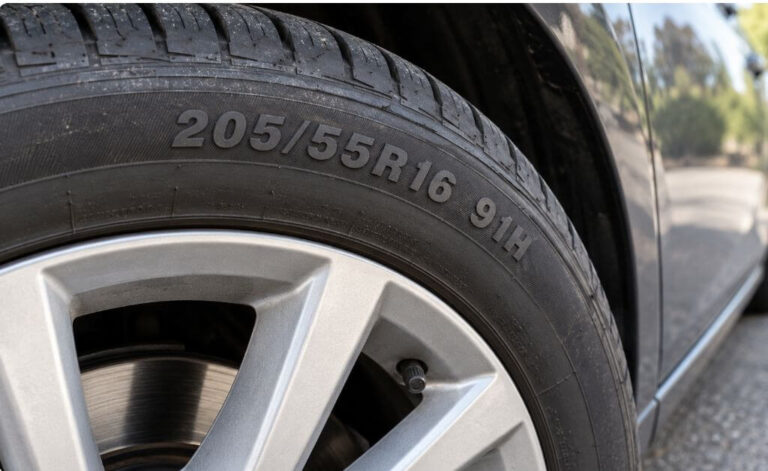 Car tire sidewall showing 205/55R16 91H with the H speed rating clearly visible