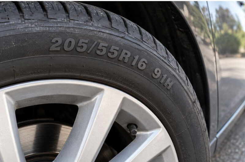 Car tire sidewall showing 205/55R16 91H with the H speed rating clearly visible