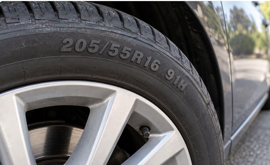 Car tire sidewall showing 205/55R16 91H with the H speed rating clearly visible